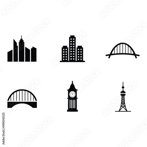 A compilation of iconic architectural landmarks from around the globe displayed as stark black