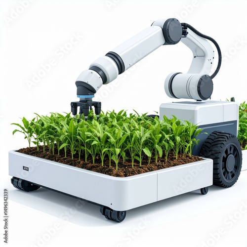 A robotic arm efficiently tending to plants in a modern agricultural setting.
