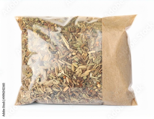 A clear package containing a variety of aromatic dried herbs and spices.