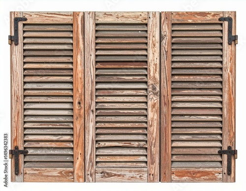 Rustic wooden shutters with natural textures and colors, ideal for home decor.