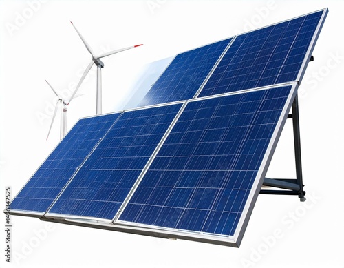 Solar panels and wind turbines symbolizing renewable energy and sustainable technology.