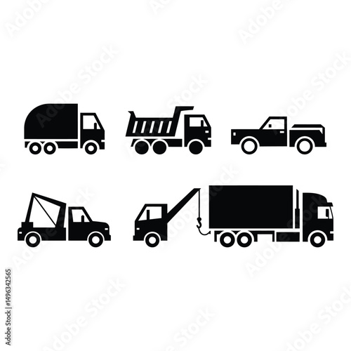 A versatile set of black truck icons showcasing various types of transportation in clean minimalist