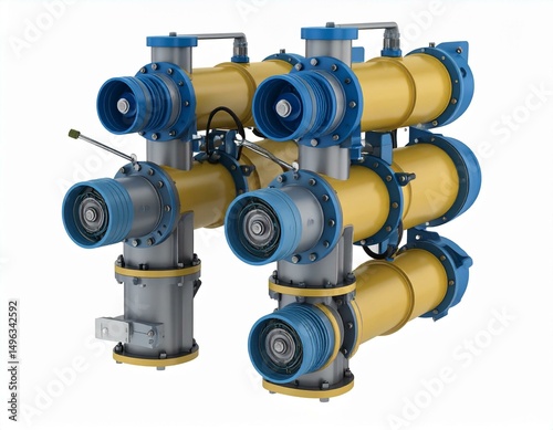 Close-up of colorful industrial pipes and valves in a modern facility.