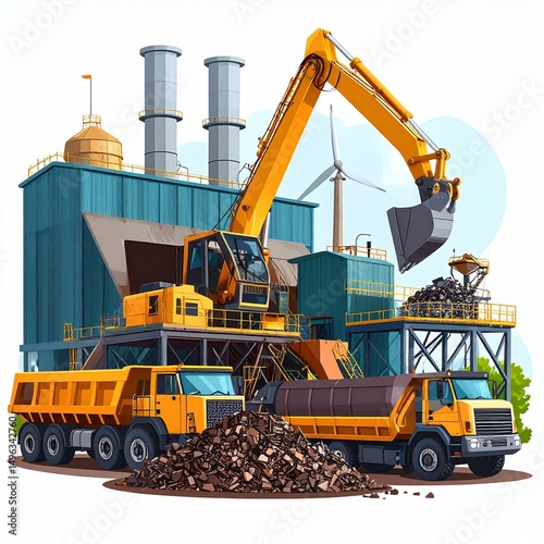 Heavy machinery at a recycling facility processing materials for reuse.