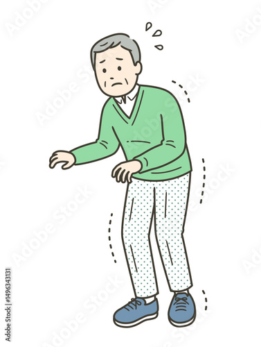 手足の震えや強張りがある高齢男性が恐る恐る歩くイラスト
