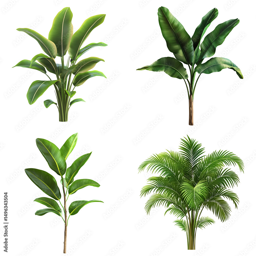 Obraz premium Four tropical plants illustrations against dark background