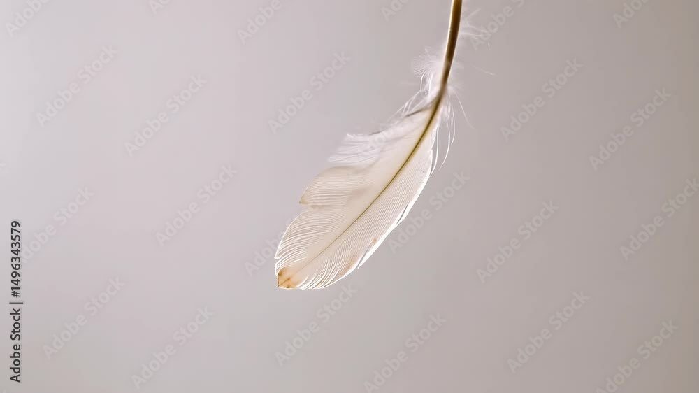 Single white feather gently floats downward against a soft background in elegant slow motion