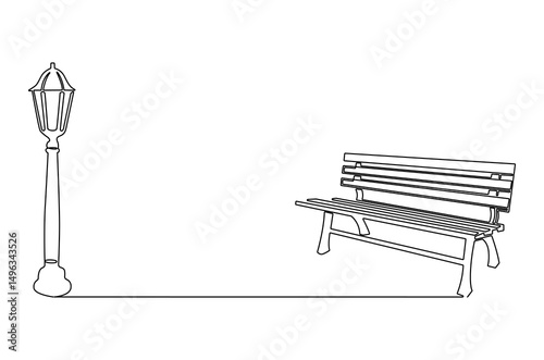 Continuous one line drawing of Wooden park bench and street lamp. Single line drawing illustration of Park bench with garden lamp. Elegant street element concept vector art. Doodle line illustration.