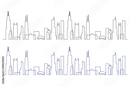 Chicago skyline in continuous line art drawing style. Cityscape of Chicago with silhouettes of most famous buildings and towers. Black linear design isolated on white background. Vector illustration