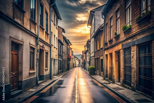 Picturesque European street at sunset featuring charming old buildings and tranquil atmosphere with warm glowing light