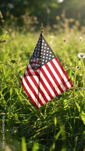 Small American Flag in Tall Grass on Summer Morning