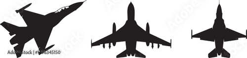 Silhouette of Military Fighter Jets in Various Angles Vector Illustration