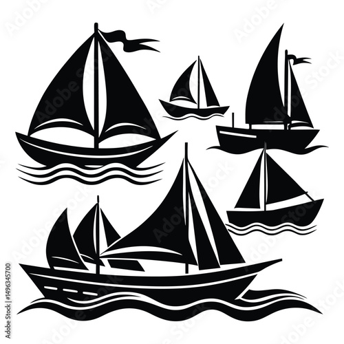 Silhouette pictograms illustrating various sailing boats on water in a minimalist design style vector