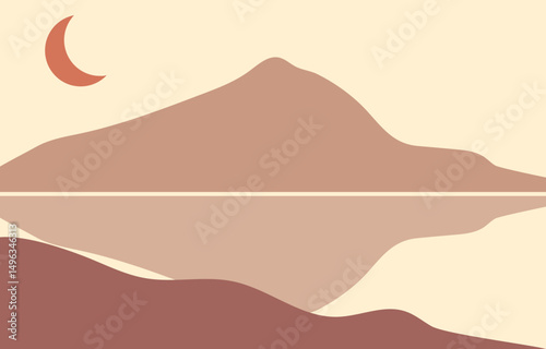 Boho aesthetic mountain wall decoration. Scandinavian mid century mountain landscape. Vector isolated.