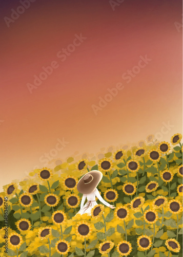 A girl in Sunflowers field hand drawn illustration