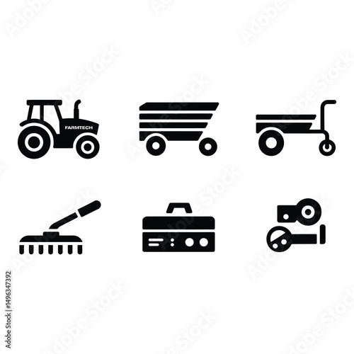 Cultivating growth A simple black icons of tractor and farm equipment convey the agriculture spirit