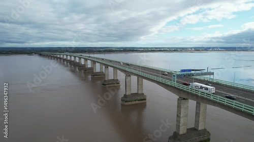 Wallpaper Mural Amazing transport structure. Fly along long pillar highway bridge over wide Severn river estuary. Prince of Wales Bridge, Wales, UK Torontodigital.ca