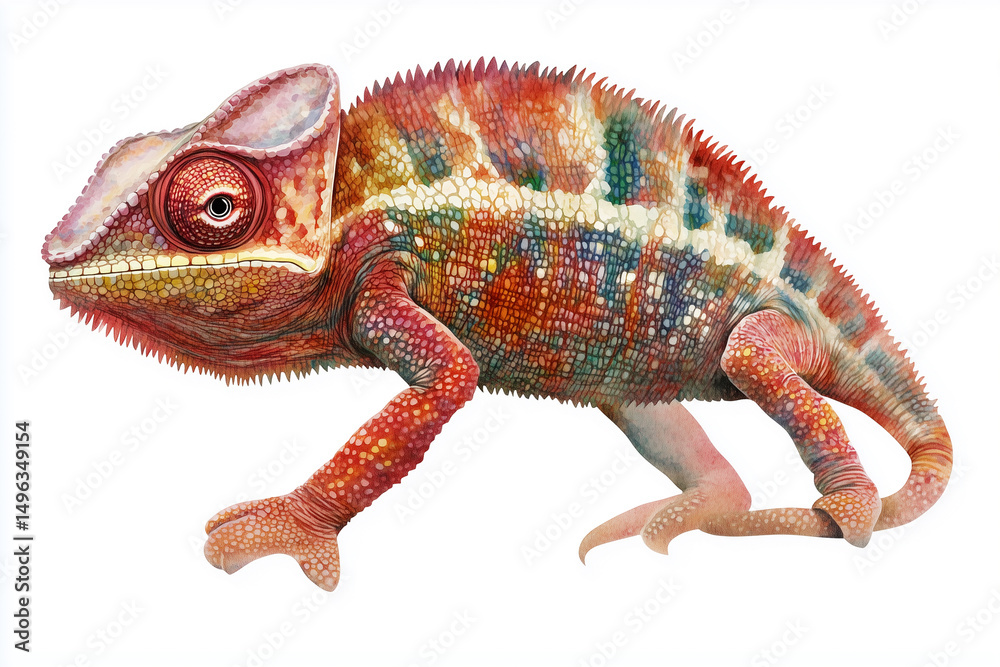 Fototapeta premium Isolated on a white background, a colorful green chameleon, a fascinating reptile, exhibits its unique scales and captivating eye in a close-up, wild, and exotic macro shot