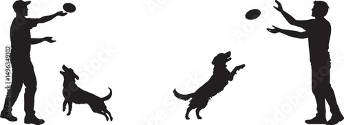 Silhouette of Man Playing with Dog Using Frisbee Outdoors Vector silhouette