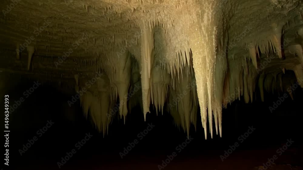 Cave interior with glistening, needle-like stalactites hanging from the textured cavern ceiling, creating a dark and mysterious atmosphere.