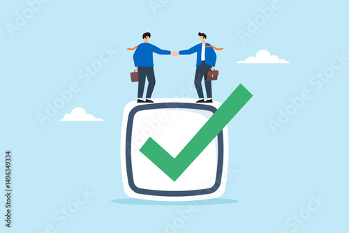 Flat illustration of two businessmen shaking hands and standing on large check mark box, agreement partnership trust on work and successful deal