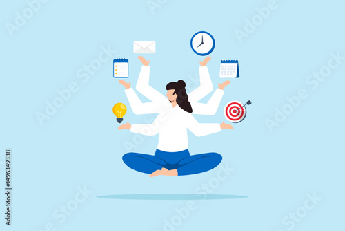 Flat illustration of multitasking businesswoman with six arms floating and handling ideas tasks emails goals time and planning in perfect balance