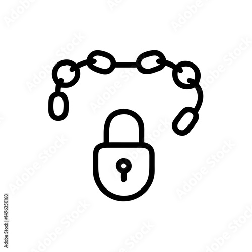 A black outline icon of an open padlock attached to a chain. Could be used for blogs or websites about security, freedom, or unlocking concepts.