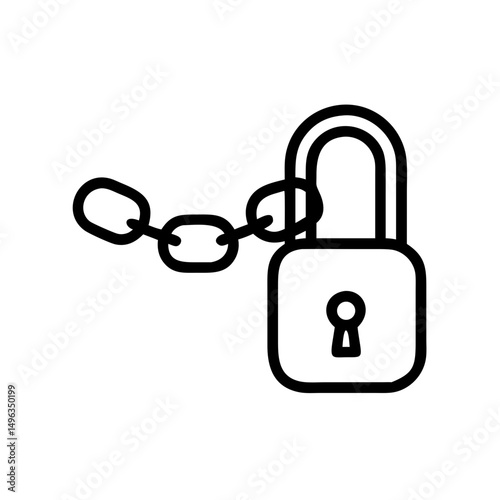 A black outline icon of an open padlock attached to a chain. Could be used for blogs or websites about security, freedom, or unlocking concepts.