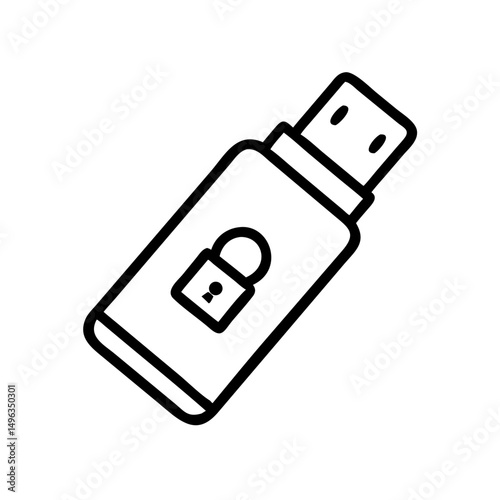 black outline icon of a USB drive with a padlock symbol. Could be used for tech blogs or websites discussing secure data storage and USB drive encryption.