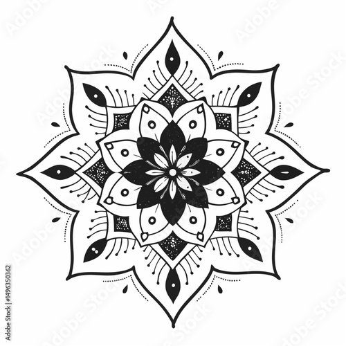 A black and white outline of a floral mandala design. Suitable for coloring pages, meditation-themed blogs, or decorative patterns.