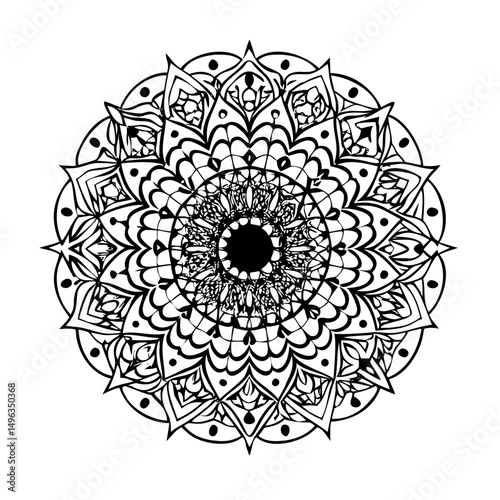 A black and white outline of a floral mandala design. Suitable for coloring pages, meditation-themed blogs, or decorative patterns.