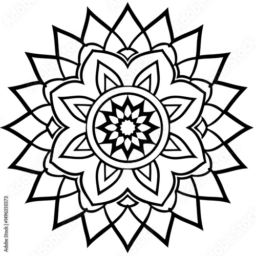 A black and white outline of a floral mandala design. Suitable for coloring pages, meditation-themed blogs, or decorative patterns.