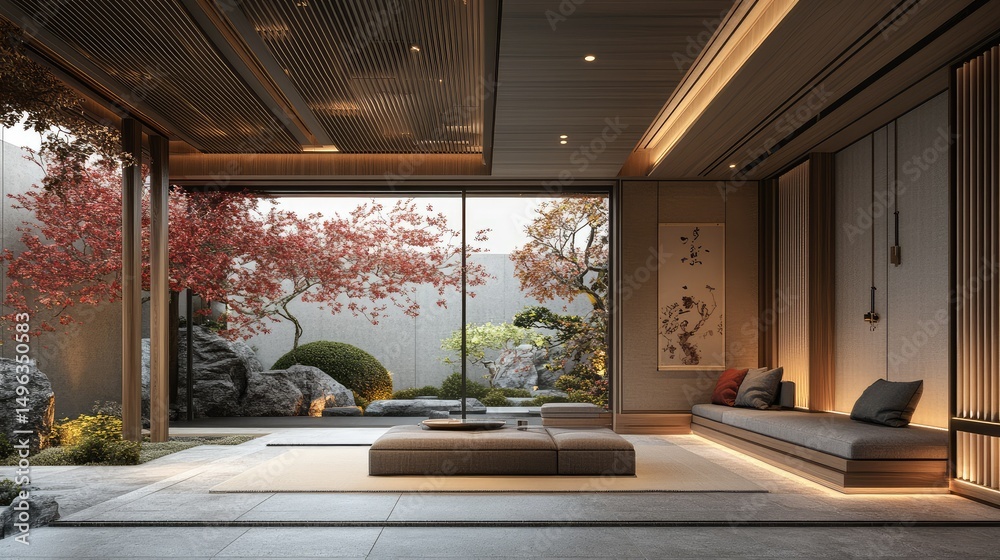 Fototapeta premium Serene interior design featuring minimalist furniture, a calming neutral color palette, and a zen garden view through large windows