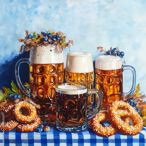 Still life of beer steins and pretzels.