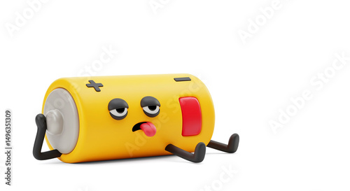 3D cartoon clay-style battery character with tired eyes, low red indicator, lying down with tongue out, white background