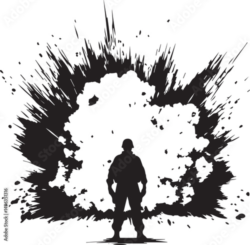 Silhouette of Soldier Standing in Front of Explosion Military Action Scene Vector silhouette
