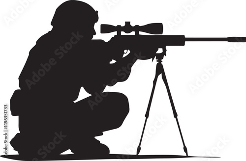 Silhouette of Sniper Soldier Aiming with Rifle in Combat Position Vector silhouette
