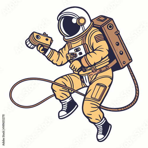Astronaut in space taking photos vintage style