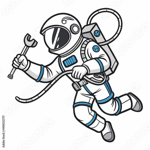 Astronaut in space holding wrench space repair