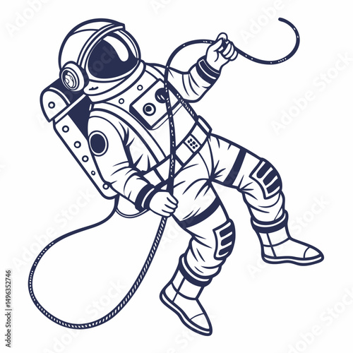 Astronaut in space tethered to rope line art