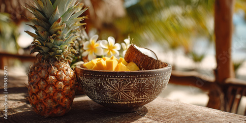 Desayuno tropical playero generativa IA