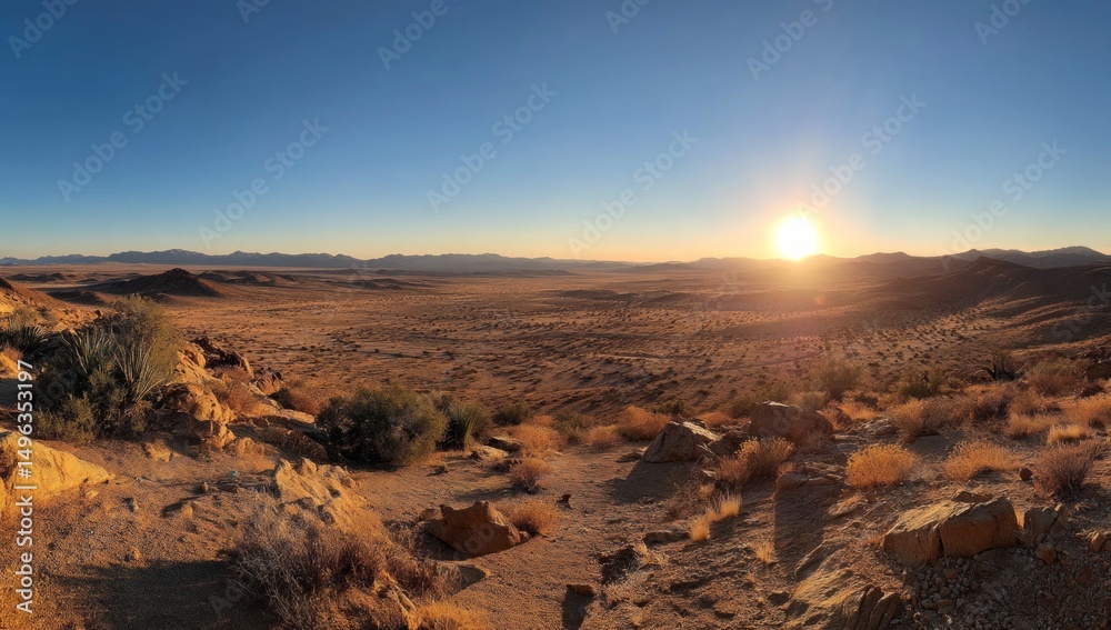 Fototapeta premium Vast Desert Landscape at Sunset: Golden Hour Panorama