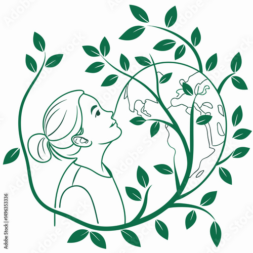 Woman gazing at earth encircled by lush green leaves