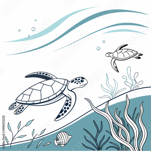 Two sea turtles swimming underwater ocean scene