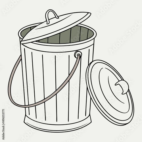 Clean metal trash can with lid open, isolated illustration