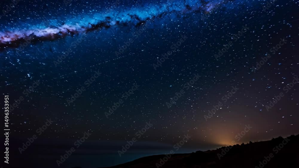 Vibrant Milky Way galaxy stretching over a dark, silhouetted hilltop with countless stars shining against a deep blue night sky backdrop. Vibrant Milky Way galaxy stretching over a dark, silhouetted hilltop with countless stars shining against a deep blue night sky backdrop.