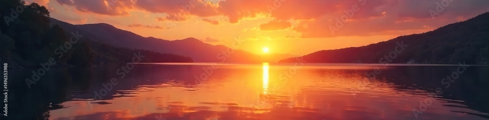 Naklejka premium Warm, glowing sunset over a tranquil lake; perfect for charitable giving campaigns emphasizing hope and serenity , sky, contribution, hope
