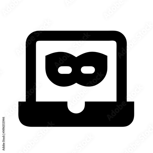  laptop screen displaying a masquerade mask, symbolizing online anonymity or cybercrime. Suitable for blogs/sites discussing internet privacy, hacking, or digital security threats.