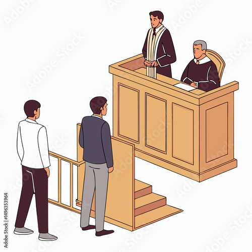 Courtroom scene isometric illustration two defendants judges