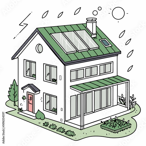 Modern eco friendly house solar panels green roof
